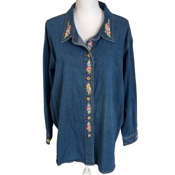 Bob Mackie Tops - Bob Mackie Wearable Art Denim Shirt Womens 2X Plus Blue Maypole Embroidery Tunic
